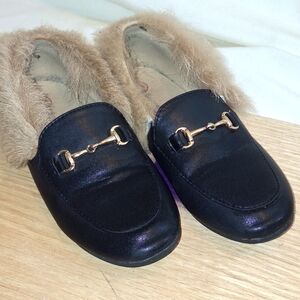 Little Legends Black Leather Fur Trim Girls Loafers Shoes Size 1